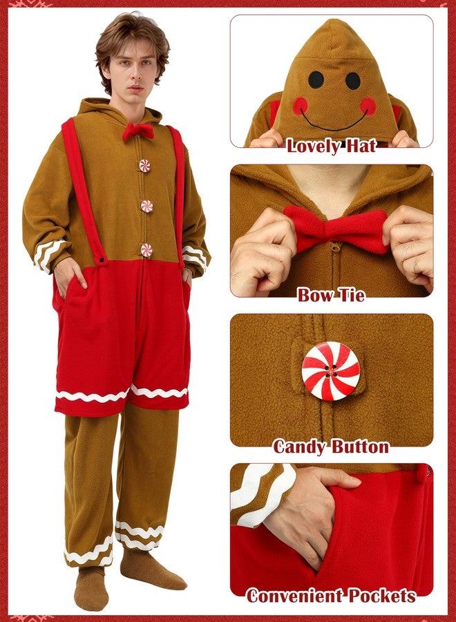 SOMSOC Men Gingerbread Onesie Pajamas Adult Flannel One-Piece Jumpsuit Christmas Hooded Sleepwear Homewear with Pockets - Image 4